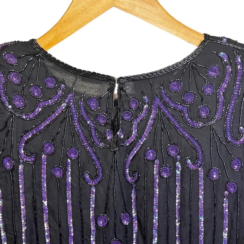 Vintage Scala Silk Blouse Black Purple Beading Sequins Long Sleeve Women's XL - Picture 7 of 8